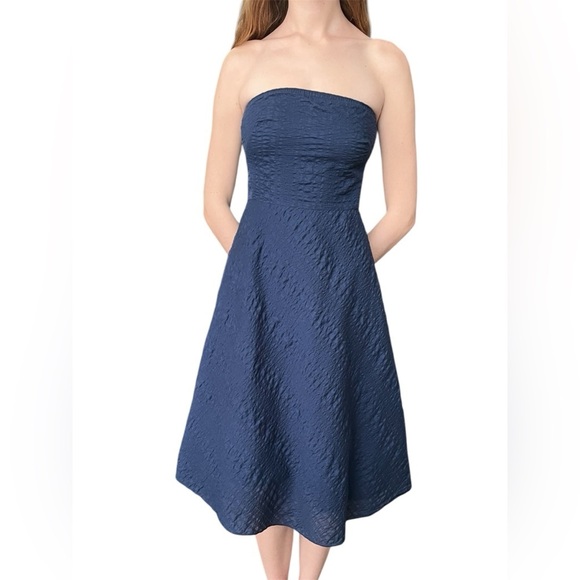 Vintage Y2K J. Crew Navy Cotton Strapless Dress Textured Preppy Classic Small - Picture 4 of 5